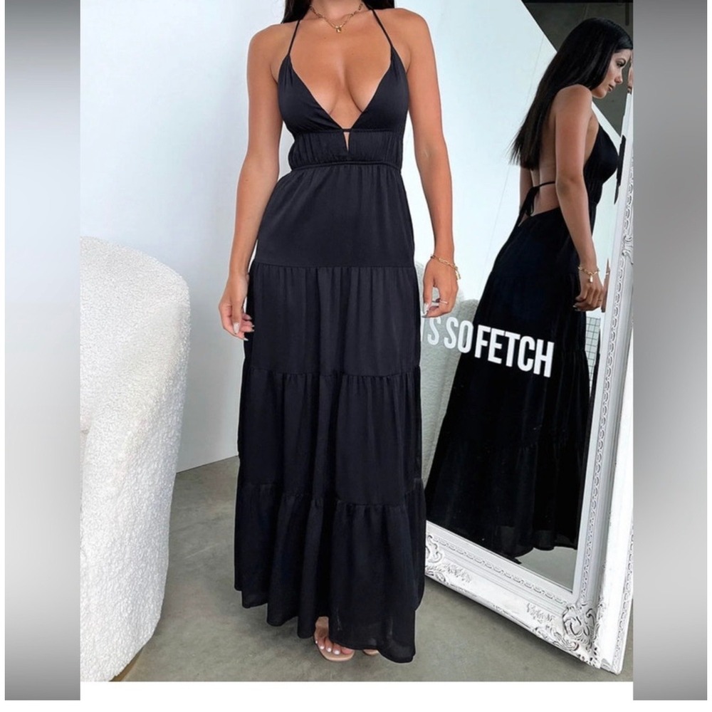 Thats So Fetch Amalie Maxi Dress Black Halter Tiered Open Back Womens Size 4 NEW